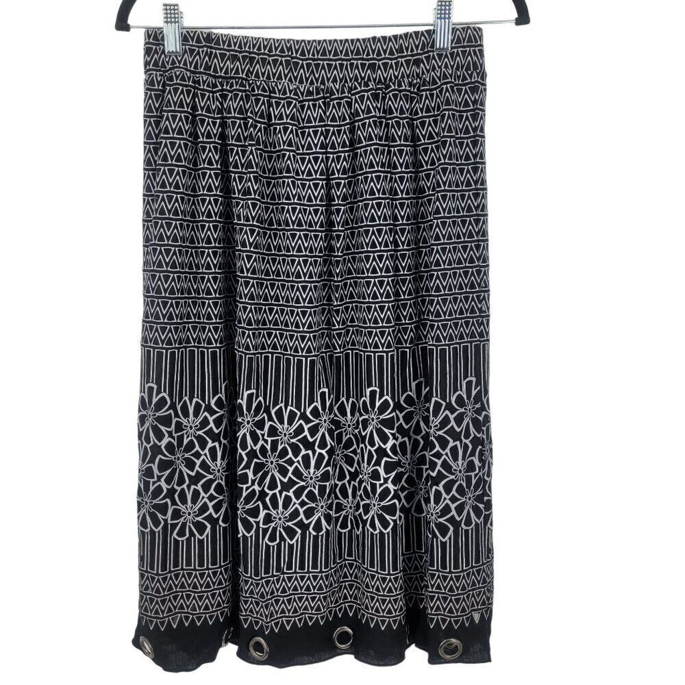 Lapis Skirt M Black White Geometric Floral Grommet Trim Elastic‎ Waist Full Edgy